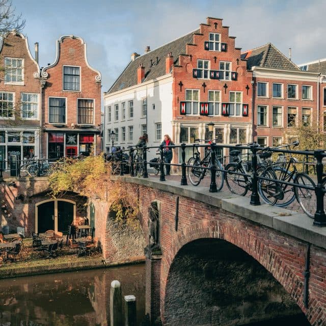Bridge over the Oude Gracht in Utrecht with a few of historic houses
