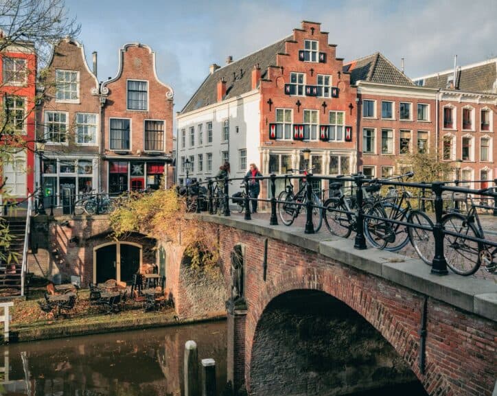 Bridge over the Oude Gracht in Utrecht with a few of historic houses